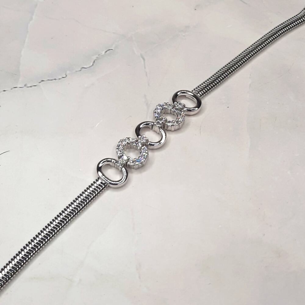Silver Tone Flat Snake Chain Bracelet Rhinestone Embellishments